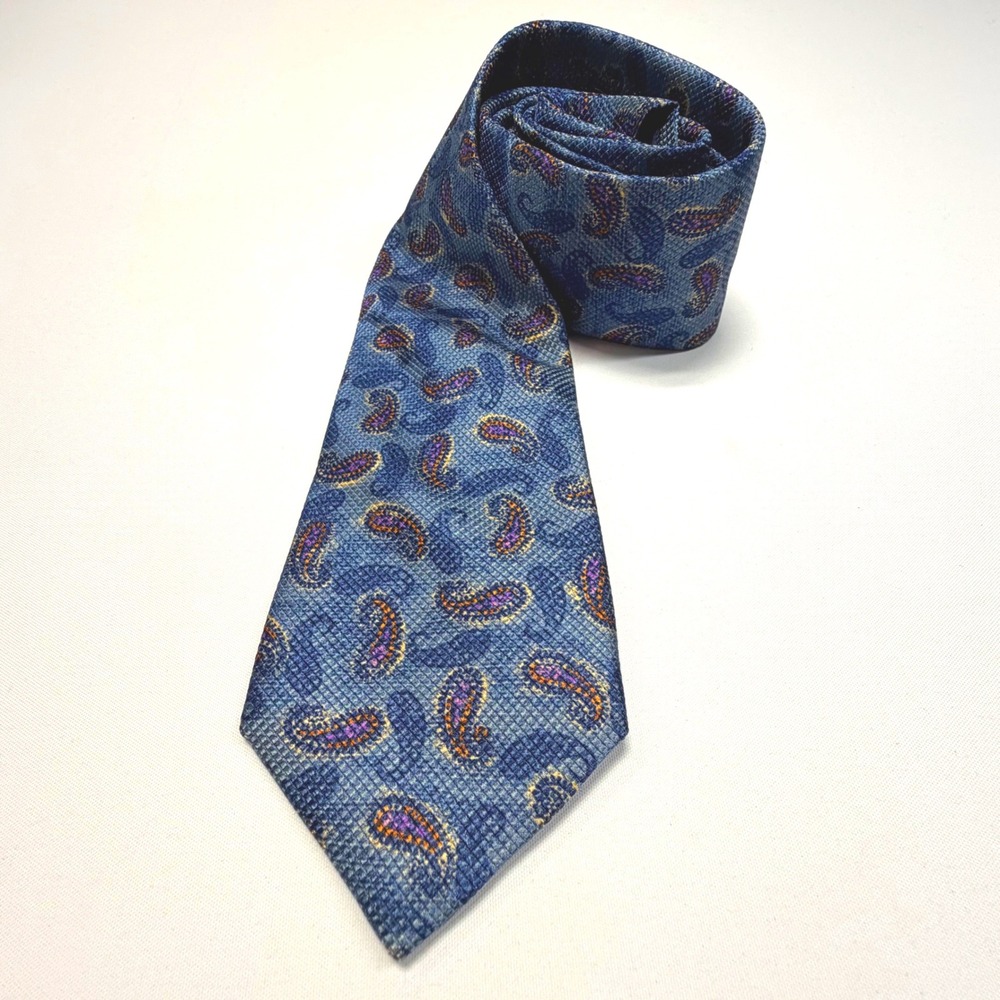 Holland & Sherry Silk Necktie Blue Paisley‎ Textured Luxury British Classic